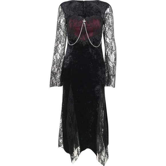 Contrast Lace Long Sleeve Split Dress Black Goth Vintage Dresses Clothes - Picture 8 of 8